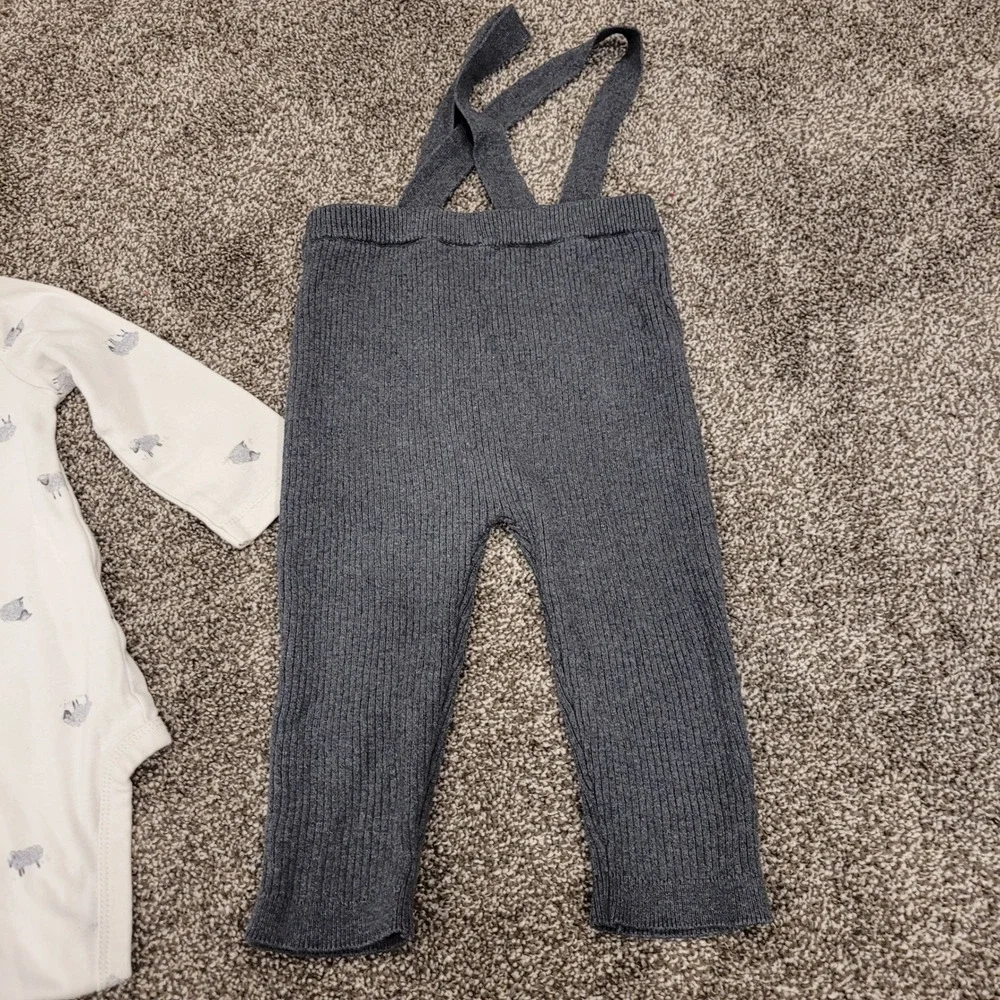 Carters 18M Sheep Print Bodysuit and Gray Ribbed Suspender Pants Set 2pc